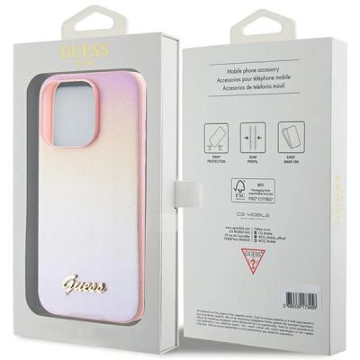 8. Guess Saffiano Iridescent Script Hülle für iPhone 14 Pro Max – Rosa