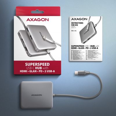 6. Axagon N HMC-5HL USB-5-Gbit/s-Hub, 2x USB-A, HDMI 4K/60 Hz, RJ-45 GLAN, PD 100 W, USB-C-Kabel, kabelgebunden, USB 3.2 Gen 1 (3.1 Gen 1) Type-C, Silber