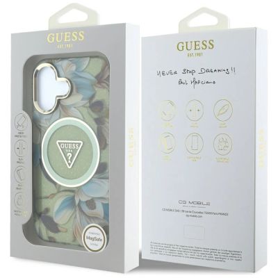 8. Guess Glitter Flowers Triangle Buttons MagSafe Hülle für iPhone 16 grün