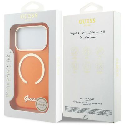 8. Guess IML Script Metal MagSafe Hülle für iPhone 17 Pro - Orange