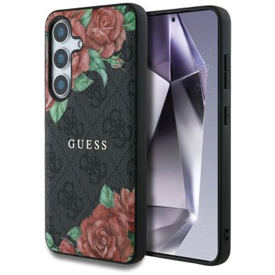 Guess Leather 4G Flowers Print Metal Classic Logo MagSafe Hülle für Samsung Galaxy S25 - Schwarz