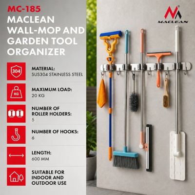 4. MACLEAN Wandorganizer für Gartengeräte und Wischmopps, Stahl, mit Haken, max. Traglast 20 kg, Breite 60 cm MC-185