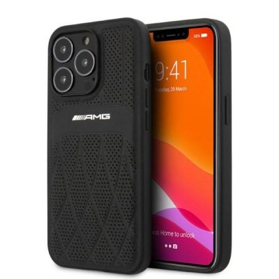AMG Lederhülle mit gebogenen Linien für iPhone 13 Pro Max – Schwarz