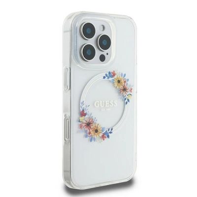 4. Guess IML Flowers Wreath MagSafe Case für iPhone 16 Pro - Transparent