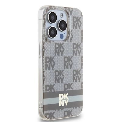 4. DKNY IML Checkered Mono Pattern & Printed Stripes MagSafe-Hülle für iPhone 15 Pro – Beige