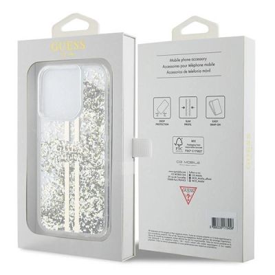 8. Guess Liquid Glitter Gold Stripes Hülle für iPhone 15 Pro Max – transparent