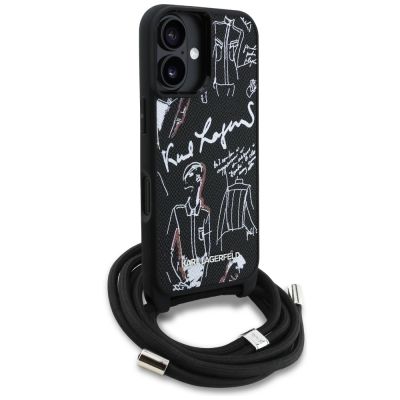 3. Karl Lagerfeld Crossbody-Hülle mit genarbtem Muster und Logo für iPhone 16 – Schwarz