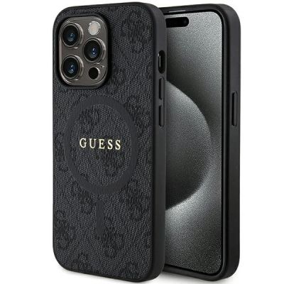 Guess 4G Collection MagSafe-Hülle aus Leder und Metalllogo für iPhone 14 Pro Max – Schwarz
