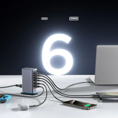 9. Joyroom JR-TCM02 Multiport-GaN-Ladegerät 65W EU 4x USB-C 2x USB-A - Dunkelgrau