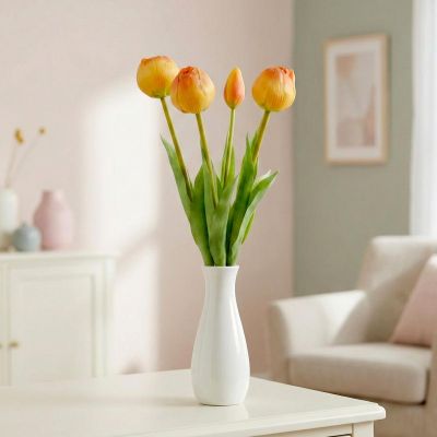 21. Strauß aus 5 orangefarbenen Pfingstrosen-Tulpen, 39 cm, naturgetreue Frühlingsdekoration
