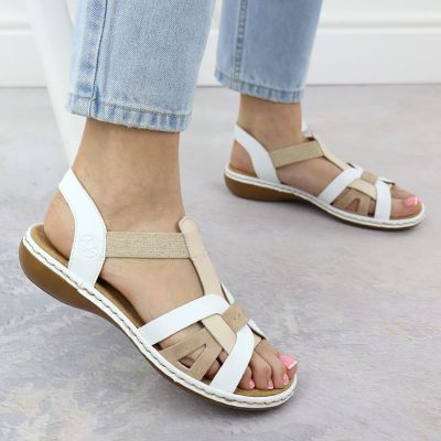 6. Bequeme Damen-Sandalen zum Hineinschlüpfen mit elastischen Riemen, weiß, Rieker 65918-81