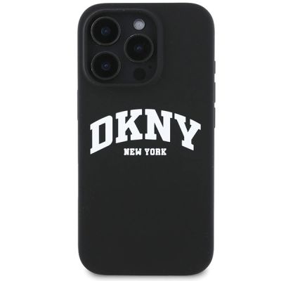3. DKNY Silikon-MagSafe-Hülle mit weißem bedrucktem Logo für iPhone 16 Pro – Schwarz