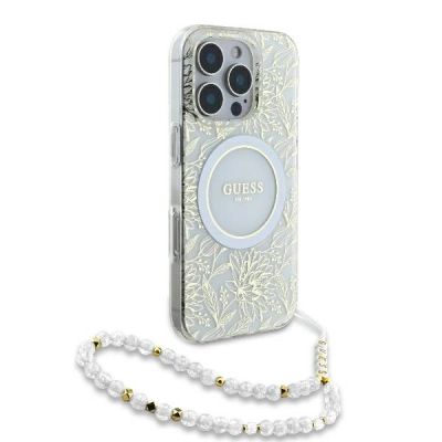 3. Guess IML Flowers Allover Electro With Pearl Strap MagSafe-Hülle für iPhone 16 Pro – Weiß