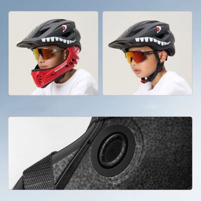 6. Rockbros TT-32006 Shark Kinderfahrradhelm mit abnehmbarem Kinnschutz, Größe S (48-52) – Schwarz