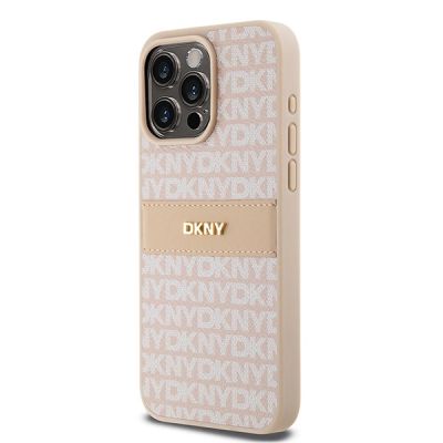 2. DKNY Lederhülle mit Monostreifen und Metalllogo für iPhone 15 Pro Max – Rosa