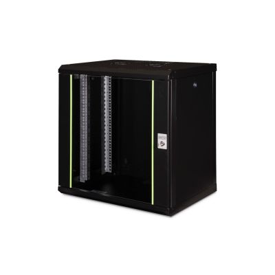 32. Einzigartiger 19-Zoll-12-HE-Wandnetzwerkschrank (600 x 450 mm), Glastür, schwarz, ungeteilt, montiert, 100 kg
