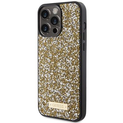 2. Guess Rhinestone Metal Logo Hülle für iPhone 15 Pro – Gelb