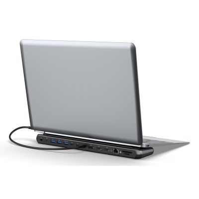 10. 12-Port-USB-C-Dockingstation, max. 8K/30Hz mit HDR, HDMI, DP, max. 3 Monitore (MST), USB-C 3.2 Gen2, Gigabit-Ethernet, SD/Micro-SD, Audio, PD 100W