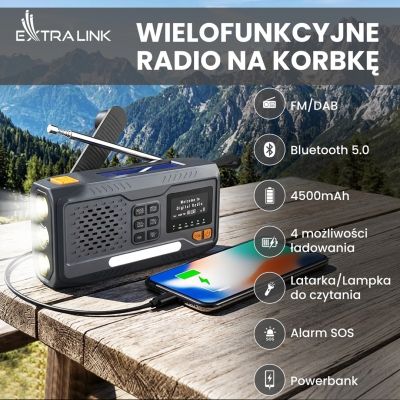 4. Extralink Bluetooth-Solarradio mit Kurbeldynamo-Powerbank (4000 mAh) und SOS-Taschenlampe BT-4000, tragbar, analog und digital, Schwarz/Orange