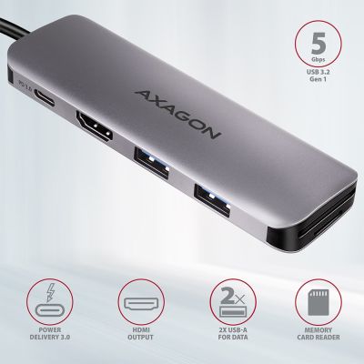 2. Axagon HMC-5 Dockingstation, kabelgebunden, USB 3.2 Gen 1 (3.1 Gen 1), Typ-C, Grau