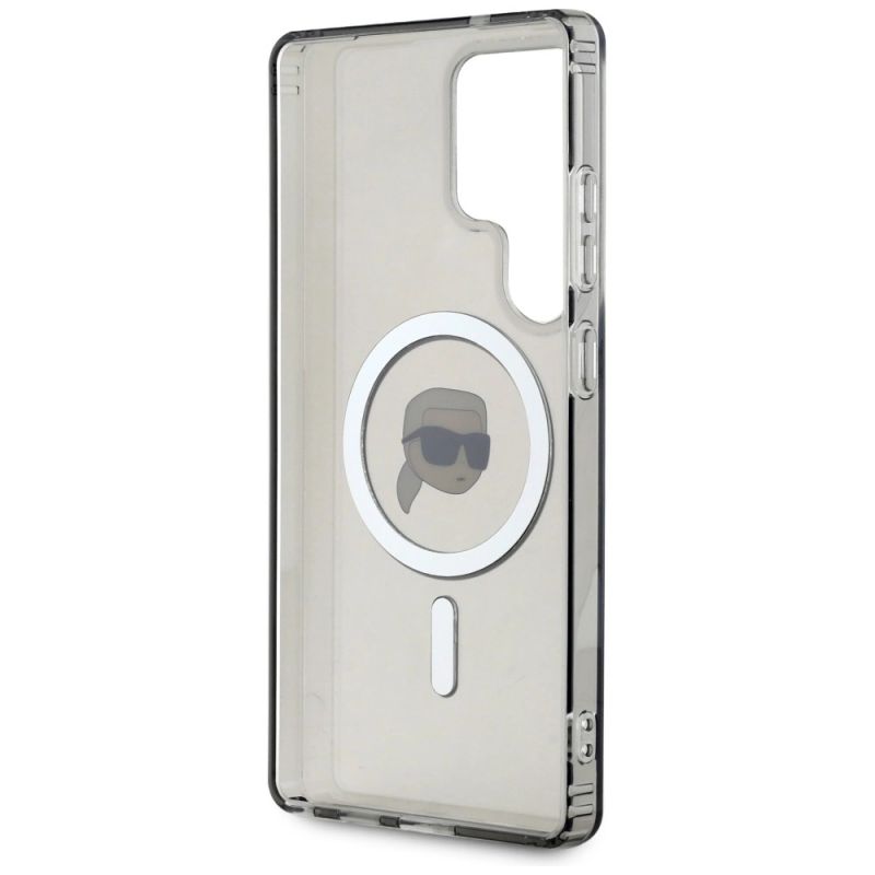 7. Karl Lagerfeld Button Karl Head gedrucktes Logo MagSafe Samsung Galaxy S25 Ultra Hülle schwarz