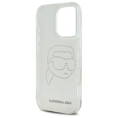 7. Karl Lagerfeld IML Strass-Hülle mit Karl-Kopf für iPhone 16 Pro – Transparent