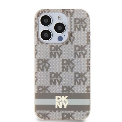 3. DKNY IML Checkered Mono Pattern & Printed Stripes MagSafe-Hülle für iPhone 14 Pro – Beige