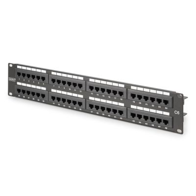 Digitus Patchpanel 19 Zoll, 48 RJ45-Anschlüsse, LSA vertikal, Cat. 6, ungeschirmt, 2 HE, schwarz, Kabelführung, Beschriftungsfelder