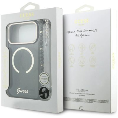 7. Guess IML Glitters Script Strap MagSafe Hülle für iPhone 17 Pro Max - Schwarz