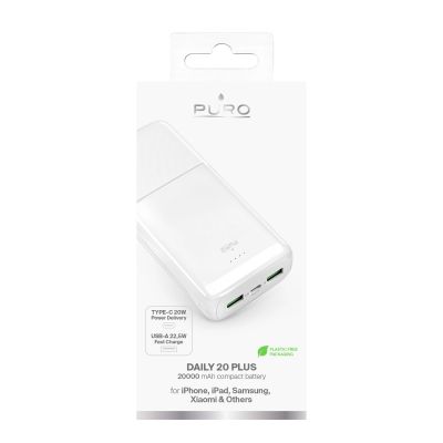 3. Powerbank Puro DAILY 20 PLUS 20000mAh 2x USB-A / 1x USB-C 22,5W PD AFC - weiß