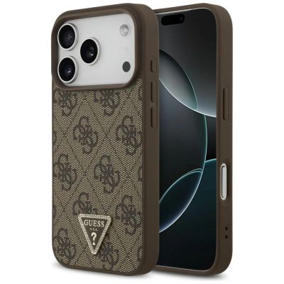 Guess Leder 4G Dreieck Strass MagSafe Hülle für iPhone 18 Pro / 17 Pro - Braun