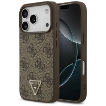Guess Leder 4G Dreieck Strass MagSafe Hülle für iPhone 18 Pro / 17 Pro - Braun