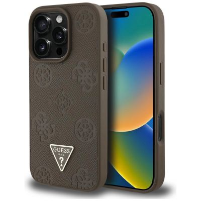 Guess Grained Hot Stamp Peony Triangle Logo MagSafe iPhone 16 Pro Max Hülle - Braun