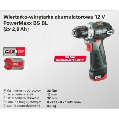 METABO Akku-Bohrschrauber 12V 38Nm 2x2,0Ah BS BL 12