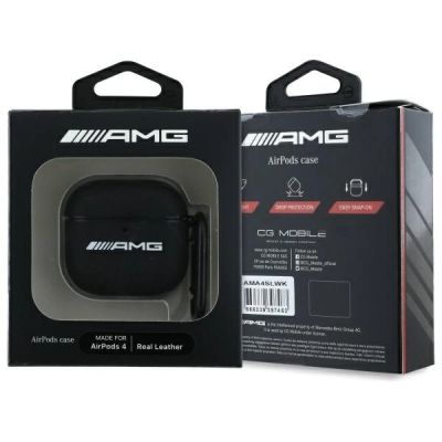 3. AMG Lederhülle mit weißem Logo für AirPods 4 – Schwarz / Weiß