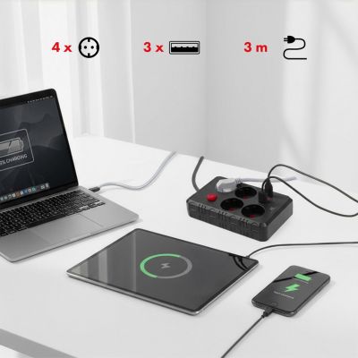 8. MACLEAN Steckdosenleiste, Verlängerungskabel mit 4 Steckdosen + 3 USB-Anschlüssen, 110–240 V Wechselstrom, 50/60 Hz, max. 2,1 A, 2500 W, 3 m, Schwarz, MCE393 B