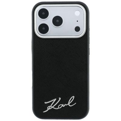 3. Karl Lagerfeld Saffiano MagSafe Hülle mit kleinem Schriftzug und Metalllogo für iPhone 17 Pro Max / 18 Pro Max – Schwarz
