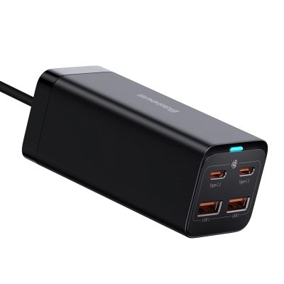 4. Baseus GaN3 Pro schnelles universelles GaN-Ladegerät 2 x USB Typ C / 2x USB 100W PD3.0, QC4.0+, AFC schwarz (CCGP000101)