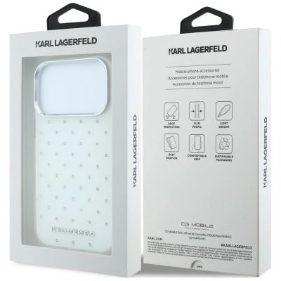 8. Karl Lagerfeld IML Strass-Hülle mit galvanisiertem Logo für iPhone 17 Pro Max / 18 Pro Max – Weiß