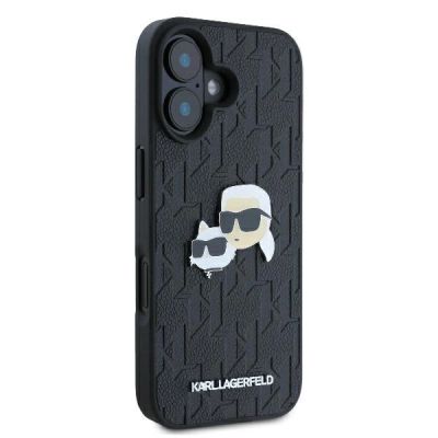 4. Karl Lagerfeld Monogram Karl & Choupette Head Pin Hülle für iPhone 16 Plus – Schwarz
