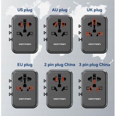 13. Vention 65W GaN Universal-Reiseadapter mit Ladegerät, 2x USB-A, 2x USB-C, Schwarz