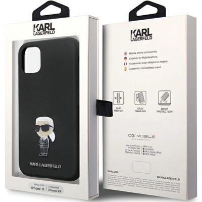8. Karl Lagerfeld KLHCN61SMHKNPK Hülle für iPhone 11 / Xr – schwarz Silikon Ikonik Metall Pin