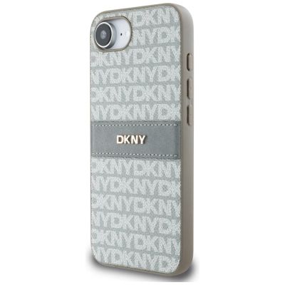2. DKNY iPhone 16e Hülle mit wiederholtem Texturmuster und farblich abgestimmten Streifen – Beige