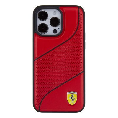 3. Ferrari Perforated Waves Metal Logo Hülle für iPhone 15 Pro – Rot