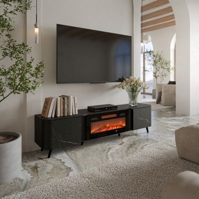 6. VOLARE TV-Schrank 200x39x49 schwarz/san sebastian + Kamin