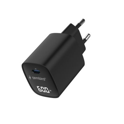 4. GEMBIRD 1-Port-Schnellladegerät (PD) USB Typ-C, 60 W, LCD, Schwarz