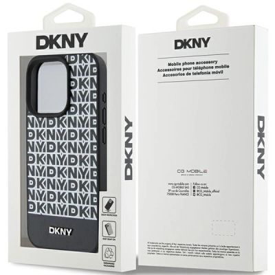 8. DKNY MagSafe Lederhülle mit bedrucktem Muster und Metalllogo für iPhone 15 Pro Max – Schwarz