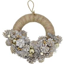 DEKORATIVER HALBKRANZ HALF 34 CM GOLD MIT ZAPFEN UND CHRISTBAUMKUGELN MICA