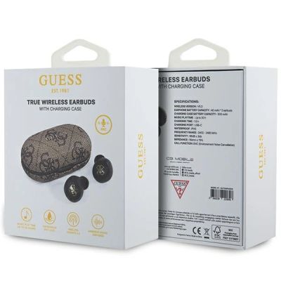 6. TWS Guess 4G Metall-Bluetooth-Kopfhörer mit ENC-Dockingstation – Braun
