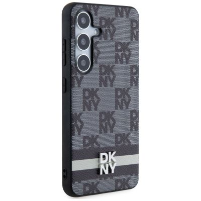 5. DKNY Lederhülle mit kariertem Monomuster und bedruckten Streifen für Samsung Galaxy S24+ – Schwarz